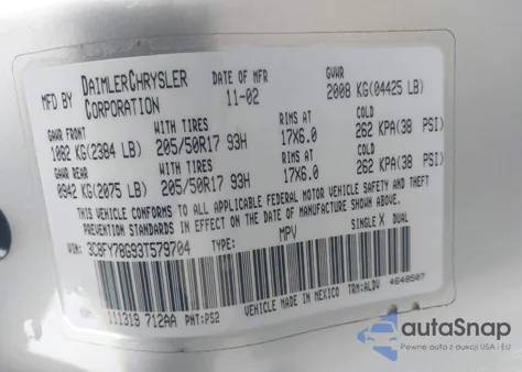 2003 Chrysler Pt Cruiser Gt from USA, damaged, VIN 3C8FY78G93T579704